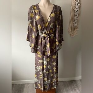 Gypsy Lux Boho Floral Kimono Duster Jacket Belted Taupe Yellow One Size